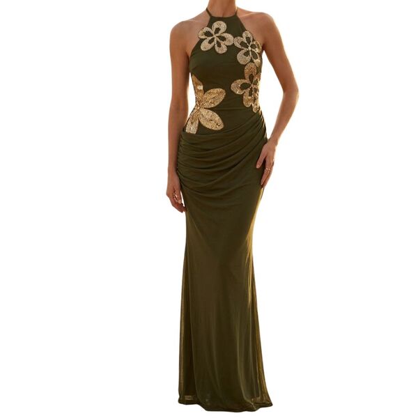 ASOS DESIGN Sukienka Wieczorowa Maxi Złote Haftowane Kwiaty Oliwa Khaki Rozmiar XS 34