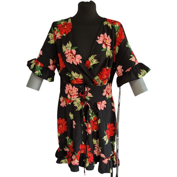 Czarna sukienka mini PRETTYLITTLETHING z gorsetowym wiązaniem w kwiaty Rozmiar 44 - zdjęcie 4