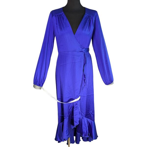 Flounce London Sukienka Maxi Satynowa Chabrowa Kopertowa z Falbaną Rozmiar 36 - zdjęcie 4