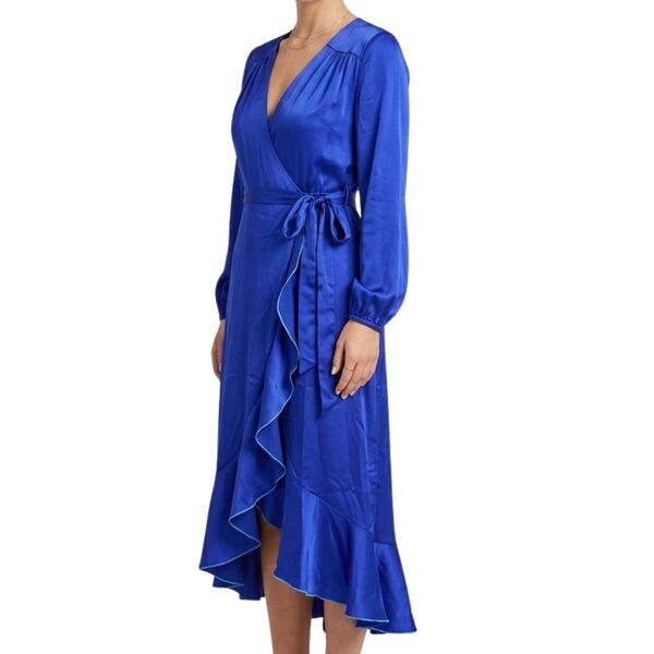 Flounce London Sukienka Maxi Satynowa Chabrowa Kopertowa z Falbaną Rozmiar 36