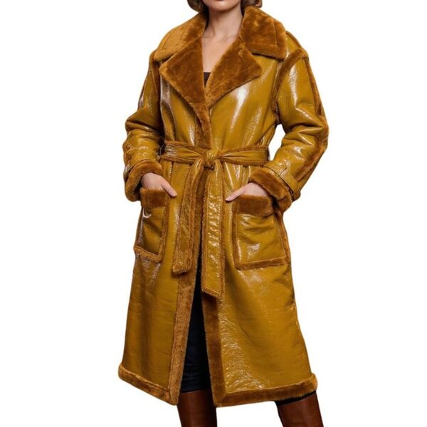 Camelowy Winylowy Płaszcz Midi z Futerkiem Plus Size PLT UK 24 UE52